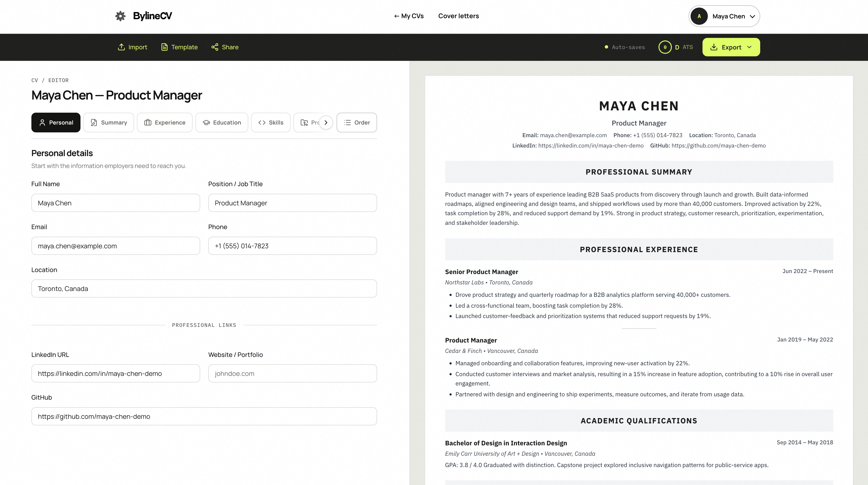BylineCV screenshot 3