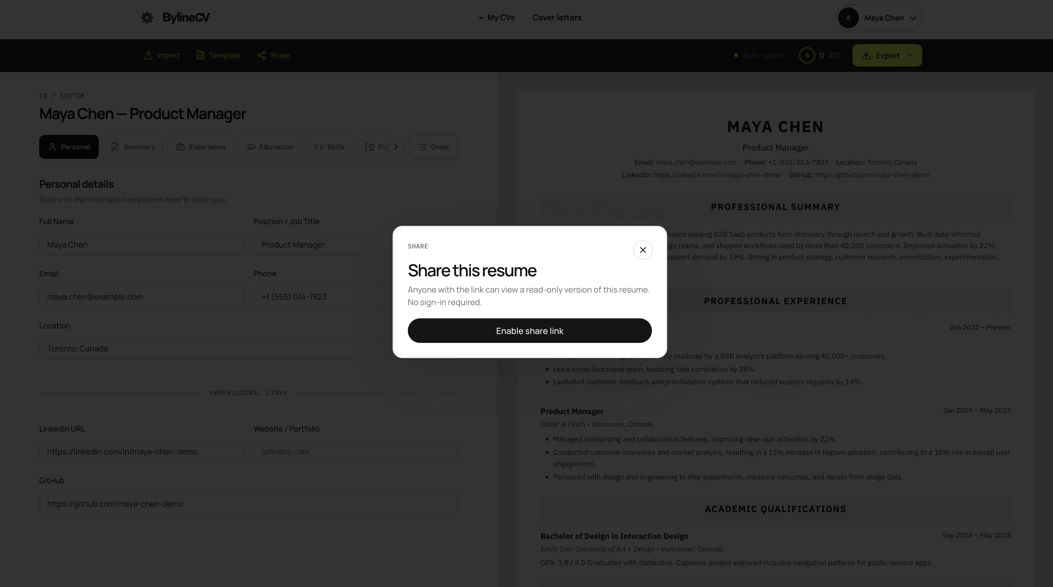 BylineCV screenshot 4